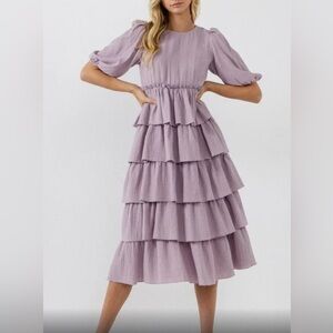 Free The Roses Solid Tiered Ruffle Midi Dress in Lilac - Medium